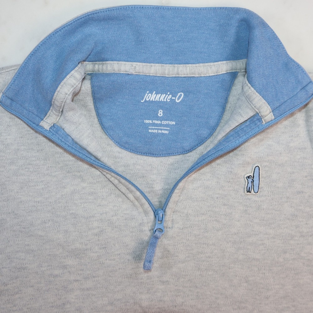 johnnie-O Kids Size 8 Gray Pima Cotton Quarter Zip Pullover Surfer Logo
